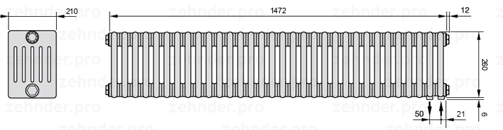 Схема (чертеж) Радиатор Zehnder Charleston 6026/32 №5510 Белый глянцевый RAL 9016
